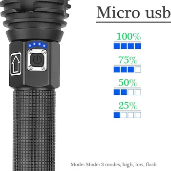 300000 Liumenų Labiausiai Galingas LED Žibintuvėlis 18650 USB XHP90.2 Teleskopiniai Taktinis Flash šviesos Vandeniui Galia Ekrano Pusės Žibintas