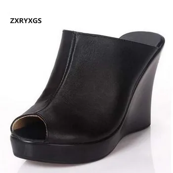 ZXRYXGS Prekės Vasaros Sandalai, Šlepetės Moterų Sandalai, Batai 2021 Naujas Minkštas natūralios Odos Basutės Komfortą Aukštos Pleišto Kulno Šlepetės