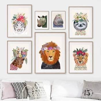 Liūtas, Žirafa, Teddy Cheetah Koala Gėlių Sienos Meno Tapybos Drobės Šiaurės Plakatai Ir Spausdina Sienos Nuotraukas Gyvenimo Kambario Dekoro