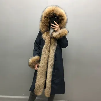 Tikro kailio parko Usūrinių šunų kailio apykakle Moterų žiemos striukės ilgi kailiniai paltai nekilnojamojo triušio kailio pamušalas šiltas žieminis paltas QD.YISHANG