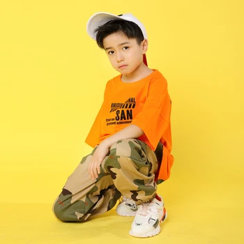 Vaikas Hip-Hop Drabužių Atsitiktinis Orange, T-marškinėliai, Viršuje Kamufliažinės Kelnės Mergaitėms Berniukas Džiazo Šokio Kostiumų Pramoginiai Šokiai Etapo Komplektus