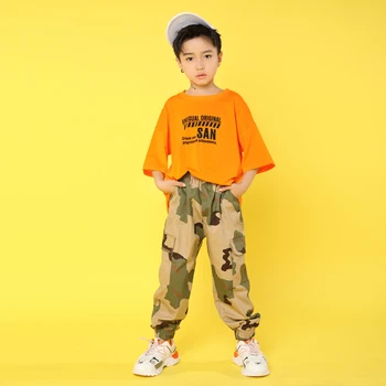 Vaikas Hip-Hop Drabužių Atsitiktinis Orange, T-marškinėliai, Viršuje Kamufliažinės Kelnės Mergaitėms Berniukas Džiazo Šokio Kostiumų Pramoginiai Šokiai Etapo Komplektus