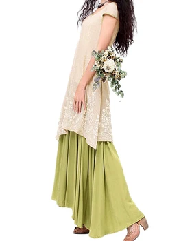 4XL 5XL Plius Dydis Moterų Suknelė Vintage Atsitiktinis Palaidų Elegantiška Suknelė Gėlių Siuvinėjimas Dviejų Sluoksnių Ilga Suknelė Žalia Vestidos 2021