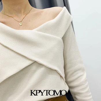 KPYTOMOA Moterų 2020 M. Mados Tekstūros Crossover Apkarpytos Palaidinės Derliaus Backless ilgomis Rankovėmis Moteriška Marškiniai, Elegantiškos Viršūnės
