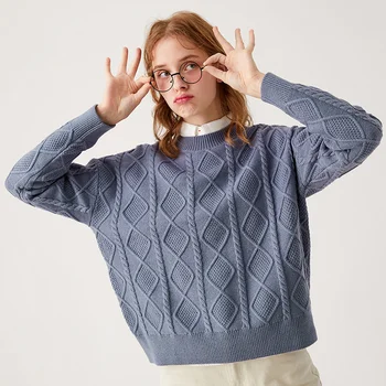Džemperis moterims žiemos naujų korėjos retro o kaklo, ilgomis rankovėmis kabelis megztinis moteris megztinis (puloveris)
