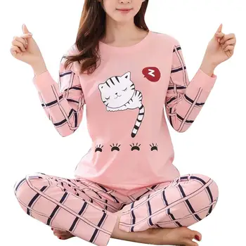 Žiemos Mielas Animacinių filmų Katės Spausdinti Pajama Nustatyti Moterys Du gabalus ilgomis Rankovėmis Sleepwear moteriški Drabužiai 2021