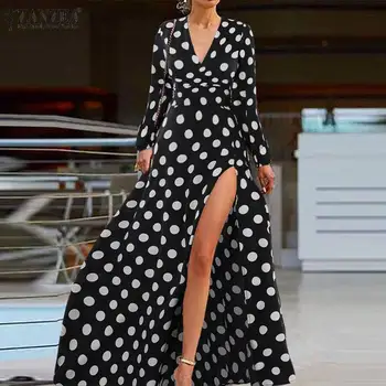 ZANZEA 2021 m. Vasarą Sundress Bohemijos Moterų Suknelė Kaftan Skraiste Polka Dot Spausdinti Aukštos Padalinta Ilgos Suknelės Atgal Zip Maxi Vestidos 7