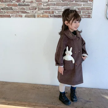 Vaikiška Mergaitė Žiemą Šiltas Kailis Siuvinėjimo Gėlių Colloar Chidlren Kūdikiams Kamšalu Vidutinio ilgio Kailio Vaikams Dvigubo Breasted Vilnoniai Paltai