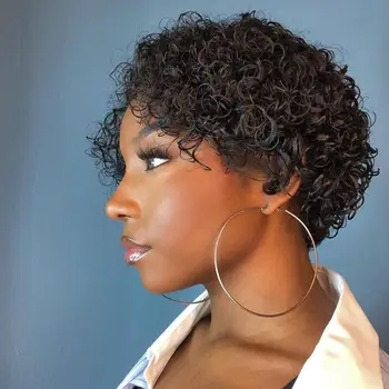 Trumpi Garbanoti Perukai Už juodaodžių Moterų Pigūs Pixie sutrumpinta Žmogaus Plaukų Perukai Ne Nėriniai Perukas Mašina Padarė Juoda Spalva Brazilijos Plaukų ISHE