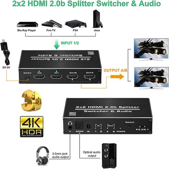 Avedio nuorodos HDMI Jungiklis 4k 60Hz HDMI Splitter, 2 Port HDMI Switcher 2, 2 su infraraudonųjų SPINDULIŲ Nuotolinio Valdymo ,Paramos HDR, HDCP 2.2,HD