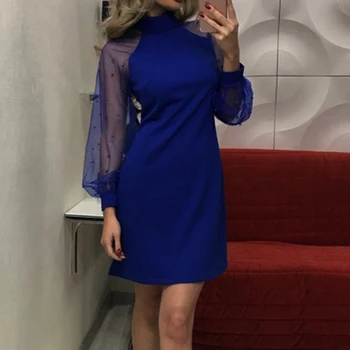 Moterų Suknelė Duobute Perlai Ilgomis Rankovėmis Golfo Xl Plus Mados Vasaros Pakabukai Mėlyna Seksualus Šalies Vakarą Trumpą Mini Apvalkalas Suknelė