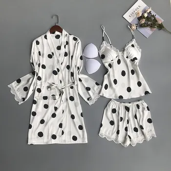 2019 Moterų Pižama Rinkiniai 3 Gabalus Satino Sleepwear Pijama Krūtinės Pagalvėlės Spageti Dirželis Nėrinių, Šilko Miego Lounge Naktiniai Drabužiai Pyjama