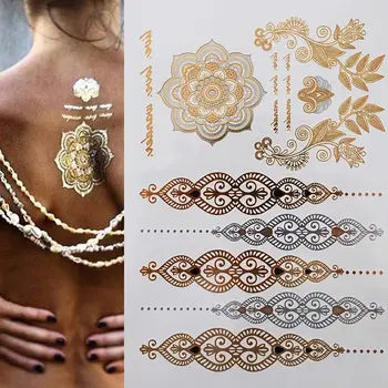 12 Lapų, Metalinis Laikinas Tatuiruotes Aukso Boho Vandeniui Flash Netikrą Tatuiruotę Lipdukas Dizaino Moterims, Merginos