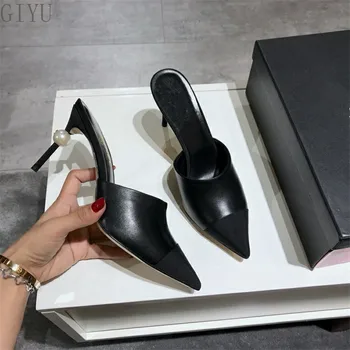 Giyu 2020 Naujas moterų Mulų sandalas, šlepetės odos dizaino kulno moteris pearl kulniukai prabangos dizaineris sandalai Mulas Slide šlepetės