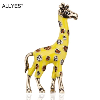 ALLYES Mielas Žirafa Sages Moterims Drabužių Priedai Fashon Kristalų Geltonos Spalvos Emalio Kristalų Gyvūnų Sagės Papuošalai
