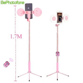 1.7 m Ištraukiamas gyventi Trikojo Selfie Stick Paramos LED Žiedas Dviguba šviesos veidrodžio Stovėti 4 in 1 Telefonų Mount 