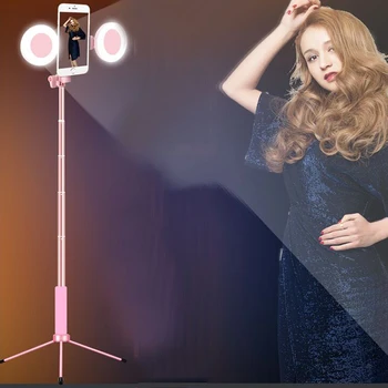 1.7 m Ištraukiamas gyventi Trikojo Selfie Stick Paramos LED Žiedas Dviguba šviesos veidrodžio Stovėti 4 in 1 Telefonų Mount 
