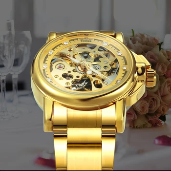 NUGALĖTOJAS Oficialiai Aukso Moterų Žiūrėti Prabangus Elegantiškas Automatinis Mechaninis Laikrodis Nerūdijančio Plieno Dirželis Kristalų Laikrodis Merginos 2020 m.
