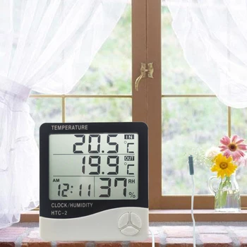 HTC-2 Stotį Skaitmeninis Kambario Termometras su Drėgmėmačiu Laikrodis LCD vidaus/Lauko Temperatūros Drėgmės Matuoklis su jutiklis