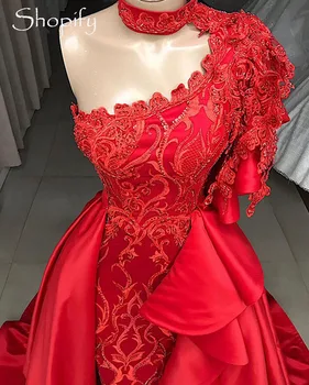Ilgai Arabų Stiliaus Raudonos Vakarinės Suknelės 2020 M. Aukštos Kaklo Undinė Puošnios Nėrinių Dubajaus Moterų Oficialią Chalatai Nuimamas Traukinys