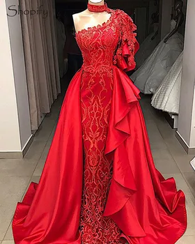 Ilgai Arabų Stiliaus Raudonos Vakarinės Suknelės 2020 M. Aukštos Kaklo Undinė Puošnios Nėrinių Dubajaus Moterų Oficialią Chalatai Nuimamas Traukinys