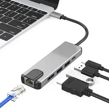 Karšto 5 in 1 USB Tipo C Hub Hdmi 4K USB C Hub su Gigabit Ethernet Rj45 Lan Adapteris, skirtas 
