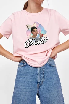 Ropa Mujer 90-ųjų Vintage Marškinėliai Charli D'Amelio Streetwear Harajuku Viršūnes Moterų Camiseta Mujer Plius Dydžio Rožinės spalvos Drabužius Medvilnės