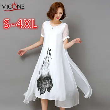 VICONE S-4XL Plius Dydis Suknelė Moterų Ilgų Palaidų Šilko sujungimas medvilnės su kanapių Suknelė trumpomis Rankovėmis