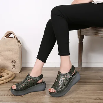 Storas-soled Sandalai Moteriška Vasaros Tuščiaviduriai Sandalai Sprogimo Modeliai Naujas Odos Retro Bateliai Zapatos De Mujer Atidaryti Kojų Kulnais