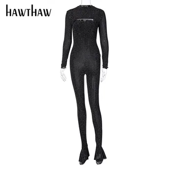 Hawthaw Moteris Rudens-Žiemos Long Sleeve Black Bodycon Moterų Tuščiaviduriai Iš Jumpsuit Romper Playsuit 2020 M. Rudenį Drabužių Streetwear