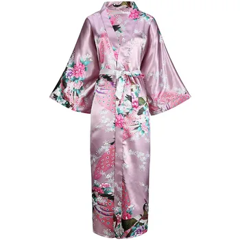Juoda Moterų Spausdinti Povas Rūbeliai Klasikinis Satin Ilgos Kimono Chalatas, Vonios Chalatai Sleepwear Nightdress Atsitiktinis Viskozė Negabaritinių Namų Suknelė