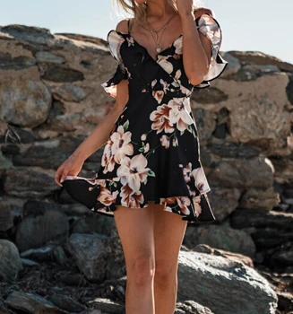 Moterų Boho Gėlių Vasarą Šalies Paplūdimys Trumpa Mini Suknelė Sundress Dirželis Off Peties Pynimas Suknelės