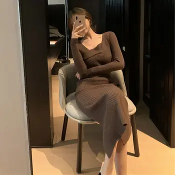 Derliaus Megzti Suknelė Moterims Ilgomis Rankovėmis Megztinis Elegantiškas Šalis Suknelė Moterų Pavasario 2021 Office Lady Slim One-Piece Suknelė Korėjos
