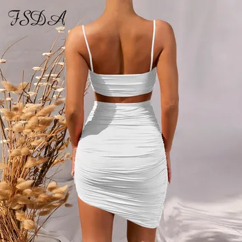 FSDA 2020 metų Vasaros Spageti Dirželis Pasėlių Viršų Ir Bodycon Mini Sijonas Sexy Juoda Moterys Nustatyti Šalies Aprangą Klubo Dviejų dalių Rinkiniai, Balta