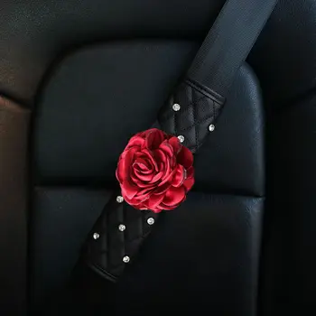 Raudona Rožė Gėlių Automobilio Sėdynės Interjero Aksesuarų Vairas Padengti Auto Kristalų Rankinis Stabdis Shifter Dangtelį, Diržą, Padengti Moterims