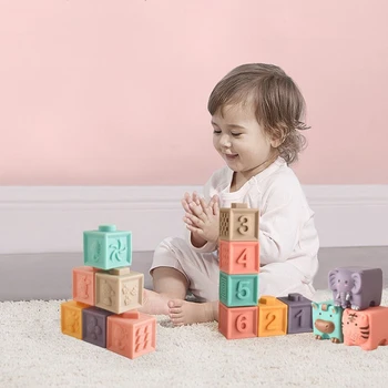 12Pcs Baby Soft Pastato Silikono Blokai Jutimo Kramtyti Išspausti Žaislai Numeriai Gyvūnų Figūras, Suvokti Žaislų Kūdikių Vonios Žaislas