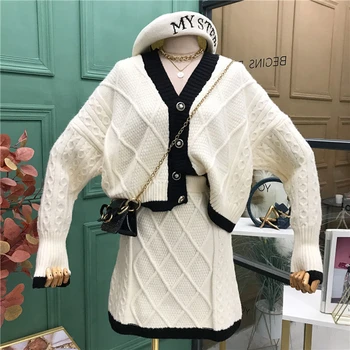 2020 Naujų Moteris Rudens-Žiemos Megzti Paltai, Sijonai, 2 Vienetų Rinkinių ilgomis Rankovėmis elegantiškas Vieno Krūtinėmis Megztiniai Sijonas Komplektus TZ460
