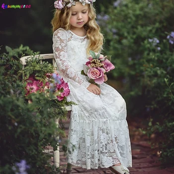 Maža Mergaitė Princesė Vestuvių Ilga Suknelė su Nėriniais Didelis Lankas Baby Gėlių Šalies Komunijos Drabužiai Vaikams Suknelė Oficialų Suknelė