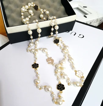 Nauja Stiliaus papuošalai garsaus neckless gėlės ilgai Imituojama-pearl sautoir collier femme perle karoliai collares largos moterims