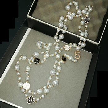 Nauja Stiliaus papuošalai garsaus neckless gėlės ilgai Imituojama-pearl sautoir collier femme perle karoliai collares largos moterims