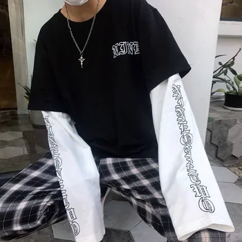 Japonija Harajuku Juoda balta Hip-Hop, T-marškinėliai Vyrams, Moterims, Pavasarį Porą ilgomis Rankovėmis Laisvi Marškinėliai Atsitiktinis Raidžių Spausdinti Tshirts Berniukai