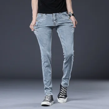 HO 2020 m. paaugliai kišenėje apdaila mados džinsai, vyriški auginti vieną dorovės ir kojų, pilka džinsinio audinio kelnės