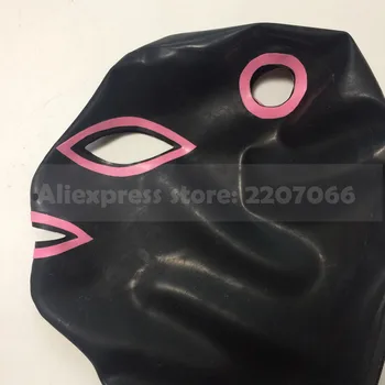 Juodos ir rausvos spalvos, apdailos latekso gumos gaubtai (traukos spintos) su plaukų praeiti skylės hood kaukė atgal zip RLM004
