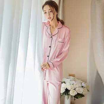 Satino Pižama Šilko Plus Size Pora Pajama Komplektai Moterų Korėjos Laisvalaikio Namuose Sleepwear Rinkinys, Rožinis Rudenį Pijama Mujer Apatiniai 2020 M.