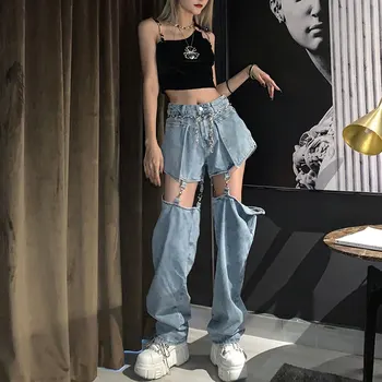 Moterų Hip-Hop Džinsai Aukšto Juosmens Du būdai, kaip dėvėti Kankina Ruožas Klasikinis Atsitiktinis Bell Bottom Džinsinio audinio Kelnės Pašalinti Drabužių Streetwear