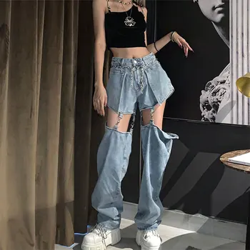 Moterų Hip-Hop Džinsai Aukšto Juosmens Du būdai, kaip dėvėti Kankina Ruožas Klasikinis Atsitiktinis Bell Bottom Džinsinio audinio Kelnės Pašalinti Drabužių Streetwear