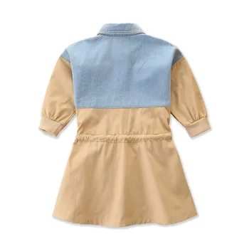 Rudens mados mergaitėms ilgomis rankovėmis suknelė Karinės džinsinio audinio spalva antiblokavimo juosmens princesė dress bamblys kelio ilgis suknelės 1-6Y