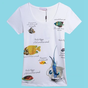 BabYoung Naujas Vasaros Viršūnes Moterų marškinėliai Billfish SeaWorld Modelis Tee Marškinėliai Femme Rankų darbo T Shirt Ladies trumpomis Rankovėmis Marškinėlius