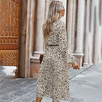 Pavasario Ilgomis Rankovėmis Midi Suknelė Moterims Leopardas Spausdinti Slim Baltos Spalvos Atsitiktinis Moterų Suknelės, Naują Atvykimo 2021 M. Vasarą Elegantiškas Vestidos