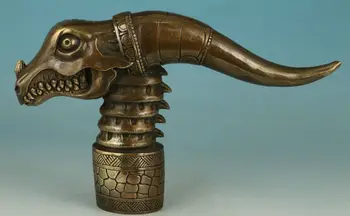 Kinijos Vario ir Bronzos Rankų darbo Raižytas krokodilas Statula Cukranendrių Lazdą Galvos.